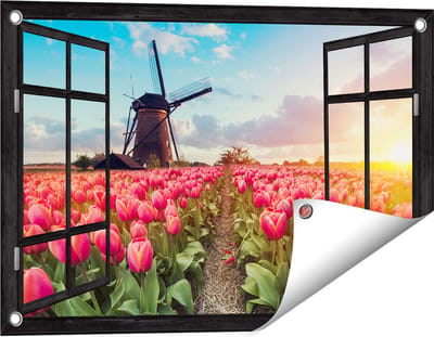 Gards Tuinposter Doorkijk Roze Tulpen Bloemenveld - met Windmolen - 60x40 cm - Tuindoek - Tuindecoratie - Wanddecoratie buiten - Tuinschilderij