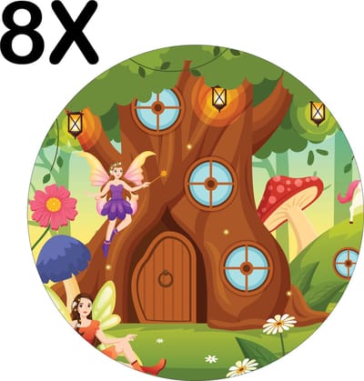 Luxe Ronde Placemat - Illustratie - Tekening van Elfjes in een Sprookjes Bos - Set van 8 Placemats - 50x50 cm - 2 mm dik Vinyl - Anti Slip - Afneembaar