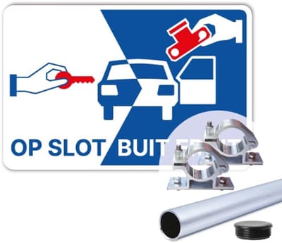Bord Op slot - Buit eruit - Weerbestendig Aluminium - 30x45 cm - Bevestiging: Met paal 150 cm + paalbeugels + paaldop