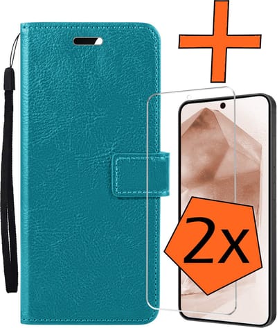 Hoes - Met 2x Screenprotector - Geschikt voor Samsung Galaxy A55 - Luxe Pasjeshouder - Bookcase Portemonee - Flip Case - Kunstleer Book Case - Flipcase Hoes - Book Cover - Walletcase - PortemonneeHoes - Turquoise