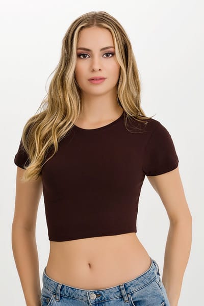 Crop Top Dames en Meisjes ilke® - Met Korte Mouwen - Ronde Hals - Bruin - XS