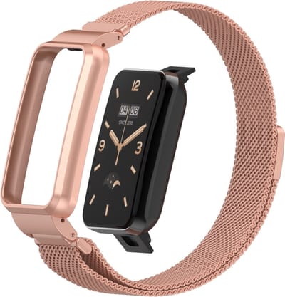 By Qubix - Milanese loop bandje met case - Rosé goud - Geschikt voor Xiaomi Smart Band 7 Pro / Mi Band 7 Pro bandje