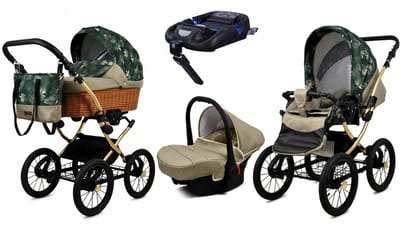 BabyLux® Kinderwagen 4in1 - CLASSIC GOLD - FERN LEAF SILVER FRAME - Opklapbare Wandelwagen incl. Reiswieg, Multifunctionele Buggy Sportstoel, Autostoel, ISOFIX basisstation - Combi-kinderwagen met Luiertas, Regenhoes, Klamboe