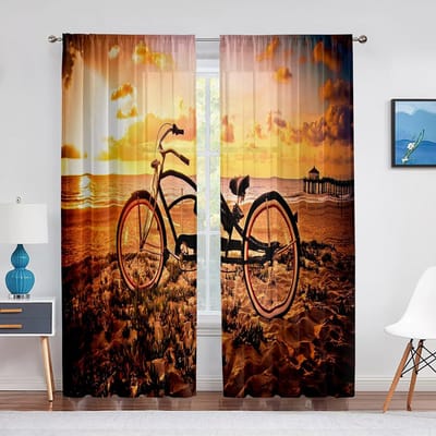 Rideaux en Tulle Fleurs Violettes Vélo Vintage pour Salon Chambre Décorations Voilage Transparent Chiffon Voile Fin Rideau de Fenêtre 1 PCS W100XH250cm&Grommet Top