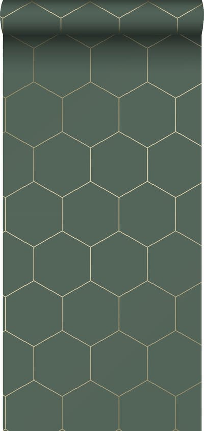 ESTAhome behang hexagon donkergroen en goud - 53 cm x 10.05 m - 139228