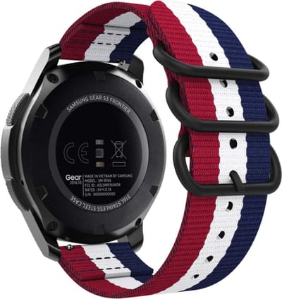 Strap-it Smartwatch bandje 20mm - nylon gesp band geschikt voor Samsung Galaxy Watch 1 42mm / Watch 3 41mm / Watch Active (2) / Watch FE / Gear Sport / Watch 4 (Classic) / Watch 5 (Pro) / Watch 6 (Classic) / Watch 7 (40 & 44mm) - rood/wit/blauw
