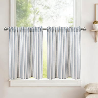 Keukengordijnen Gestreept Blauw - Vitrage Gordijnen Kort - Keuken Decoratie - Dubbele Stangdoorvoer - 45 x 60 cm 2 stuks