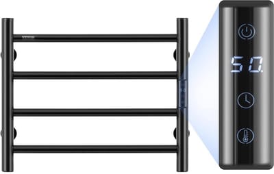 VEVOR Elektrische handdoekradiator, 4 stangen, wandverwarming, handdoekverwarmer met instelbare temperatuur, waterdicht IPX5, met timer en led-display, badkamer, zwart
