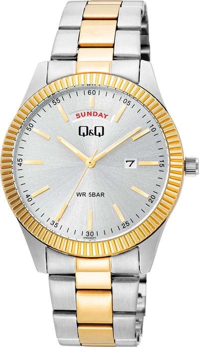 Q&Q A14A-002PY - Horloge - Heren - Mannen - Stalen band - Rond - Metaal - Datumaanduiding - Strepen - Zilverkleurig - Goudkleurig