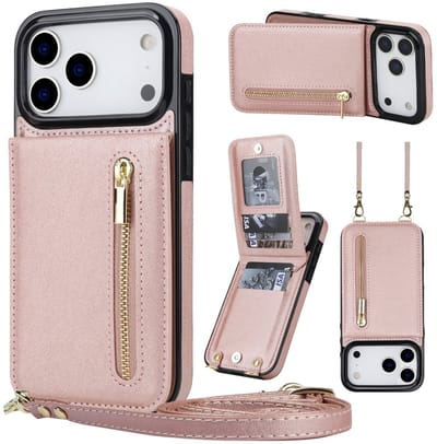Multimedia & Accessoires Stijlvolle Leren Fashion Backcover Case Hoesje met Koord, Stand Ritsvak en Pasjeshouders geschikt voor Apple iPhone 17 Pro - Rosegoud