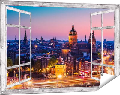 Gards Tuinposter Doorkijk Amsterdam Skyline bij Zonsondergang - 120x80 cm - Tuindoek - Tuindecoratie - Wanddecoratie buiten - Tuinschilderij