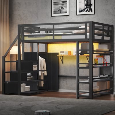 Sweiko Hoogslaper - 140x200 cm - Metalen frame - Opbergplank - Met kledingkast - LED-verlichting - Zwart