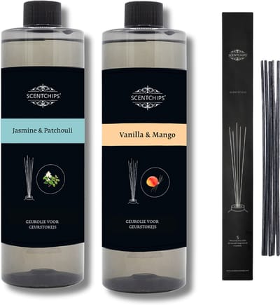 Navulling Jasmine patchouli + vannille mango + geurstokjes - Geurstokjes Navulling Set van 2 + 5 Geurstokjes - Geurverspreider - Luchtverfrisser - Huisparfum - 400ml x 2