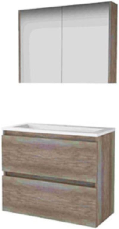 Basic-Line Comfort 39 Badkamermeubelset - Ondiep - 80 x 39 cm - Greeploos - 2 Lades - Acryl Wastafel - 1 Kraangat - Spiegelkast - Scotch Oak