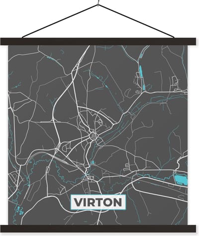 Posterhanger incl. Poster 60x60 cm - Schoolplaat - Stadskaart – Grijs - Kaart – Virton – België – Plattegrond - Textielposter - Zwarte latten - Stadskaart
