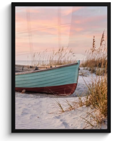 Poster in lijst - Fotolijst 60x80 cm - Posters - Rustiek - Roeiboot - Zandstrand - Posterlijst zwart - Decoratie - Wanddecoratie woonkamer - Muurdecoratie slaapkamer