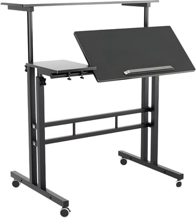 Verrijdbaar Sta-Bureau - Kantelbaar Verstelbaar Computerbureau met Wielen - Zwart