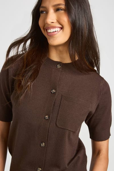 boohoo Dames Gebreid T-shirt Met Gerimpelde Zoom | Chocoladebruin | Maat: Small