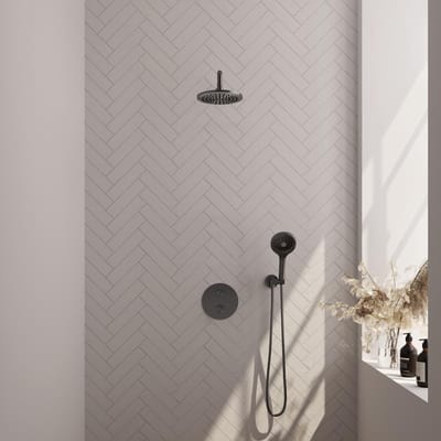Brauer Gunmetal Edition thermostatische inbouw regendouche 3-weg rond SET 81 met 20 cm douchekop en gebogen muurarm en 3-standen handdouche en doucheslang en wandaansluitbocht gunmetal geborsteld PVD