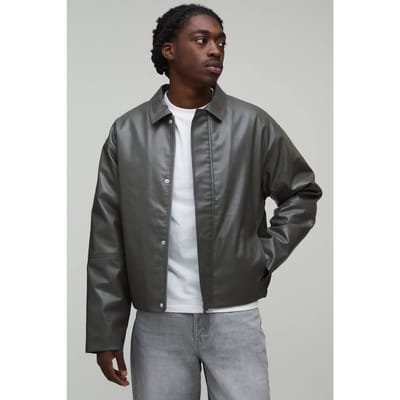 Boxy Fit Harrington Jas Met Panelen In Pu-leer | Charcoal | Size XS