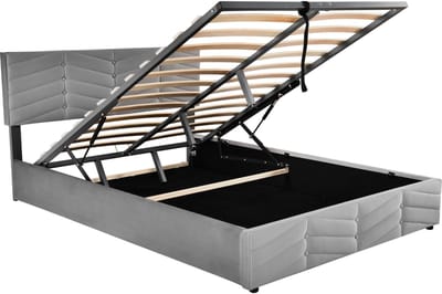 Gestoffeerd bed, tweepersoonsbed, hydraulisch verstelbaar bed, fluweelstof, gestreept patroon, bed in Europese stijl, in hoogte verstelbaar hoofdeinde, 140 x 190 cm, grijs.
