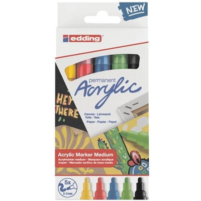edding 5100 acrylstiften medium - zwart, rood, blauw, geel, geel-groen - set met 5 acrylkleuren (basis) - medium ronde punt 2-3 mm - acrylverf voor schilderen op canvas, hout - acrylstiften, watervast