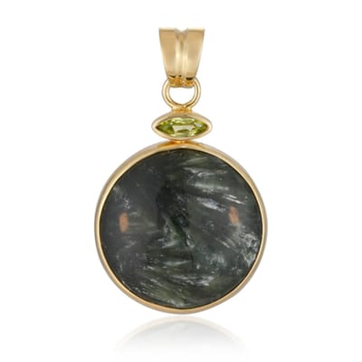 Cavill - Luxe Zilveren Hanger - 925 Sterling Zilver Verguld - 25 ct Serafiniet Cabochon & 0,26 ct Marquise Peridoot Arizona - Elegante Rond 37x23 mm