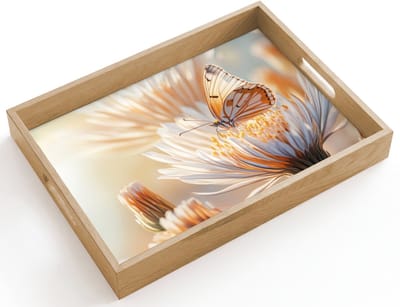 Dienblad hout 40x30 cm - Schootdienblad - Vlinder - Bloem - Oranje - Borrelplank rechthoek - Plateau dienbladen