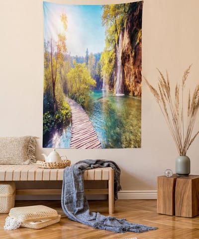 ABAKUHAUS Natuurtapijt, Idyllisch Meer Waterval, Woonkamer Slaapkamer Wanddoek Zijdezacht Satijn Wandtapijt, 100 x 150 cm, Meerkleurig