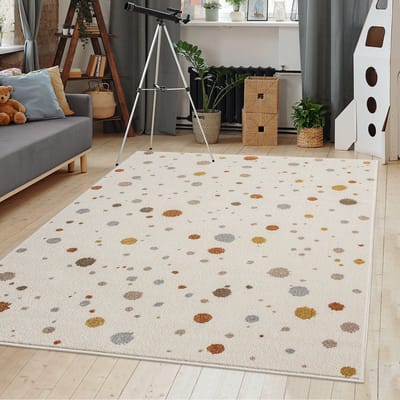 the carpet Beat Kids kinderkleed – bonte stippen, zacht & onderhoudsvriendelijk, crème met kleurrijke stippen in oranje, 80 x 150 cm
