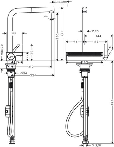 Hansgrohe M81 - Aquno Select 250 keukenkraan met uittrekbare sproeikop en waterval, mat zwart 73836670