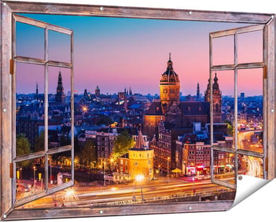 Gards Tuinposter Doorkijk Amsterdam Skyline bij Zonsondergang - 150x100 cm - Tuindoek - Tuindecoratie - Wanddecoratie buiten - Tuinschilderij