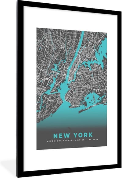 Fotolijst incl. Poster - New York - Stadskaart - Blauw - Plattegrond - Kaart - 80x120 cm - Posterlijst