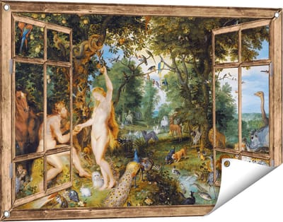 Gards Tuinposter Doorkijk Het Aardse Paradijs met de Zondeval van Adam en Eva - Jan Brueghel - 90x60 cm - Tuindoek - Tuindecoratie - Wanddecoratie buiten - Tuinschilderij