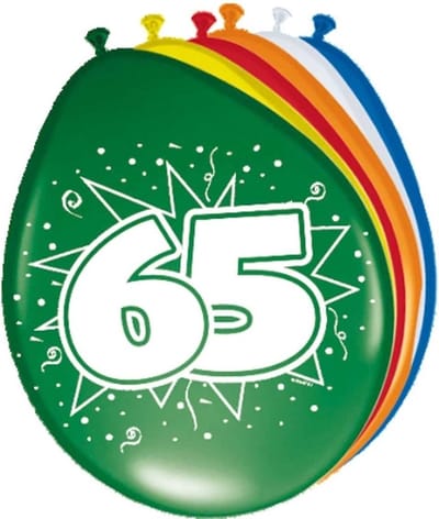 Verjaardagfeest leeftijd ballonnen - 65 jaar - 8x stuks - multi - 30 cm