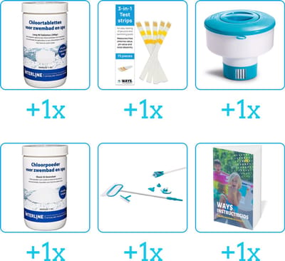 Zwembad Onderhoudspakket - Onderhoud Zwembad - bevat Chloor - Testrips - Chloordrijver - Chloor - Schoonmaakset en Zwembadgids (6-delig)