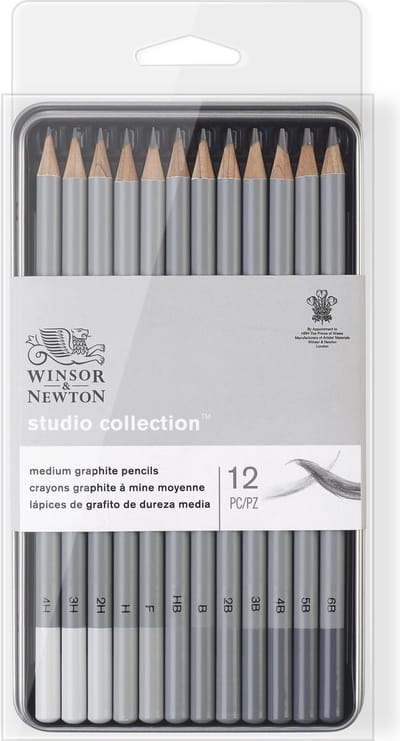 Winsor & Newton 0490008 Studio Collection Medium Grafietpotloden Set x12 – Schets- & Tekenpotloden 4H-6B in Metalen Blik
