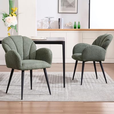 Eetkamerstoelen set van 2 - Novihome LuxuryShell™ gestoffeerde stoelen met metalen frame en armleuningen, chenille bekleding, comfortabele keukenstoelen, moderne eetkamerstoelen, groen
