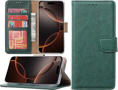 Hoesje Geschikt voor iPhone 16 Pro Max hoesje – portemonnee bookcase met pasjeshouder – Groen