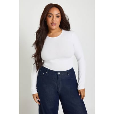 boohoo Dames Plus Lange Mouwen Ronde Hals Bodysuit | White | Maat: 16