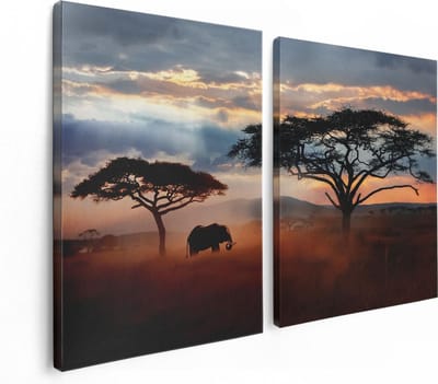 Artaza Canvas Schilderij Tweeluik Olifant In Het Wild - Savanne - 120x80 cm - Wanddecoratie Woonkamer - Schilderijen - Muurdecoratie