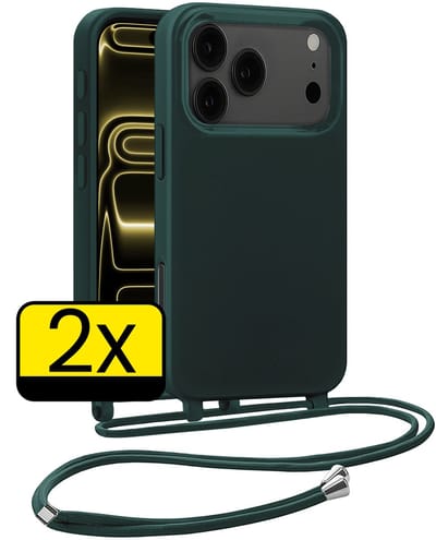 Hoesje Geschikt voor iPhone 17 Pro Hoesje Met Koord Siliconen Case - Hoes Geschikt voor iPhone 17 Pro Backcover Met Afneembaar Koord - Donkergroen - 2 Stuks