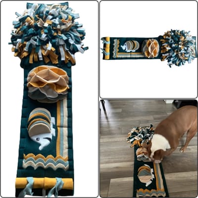 Snuffelmat voor honden en katten, maat M in de kleuren petrol, okergeel, oudgroen, zand. MadeByShuko. Hersenwerk voor huisdieren. Snuffelkleed. Speelkleed. Hondenpuzzel. Voerpuzzel. Slowfeeder. Intelligentie speelgoed voor hond en kat.