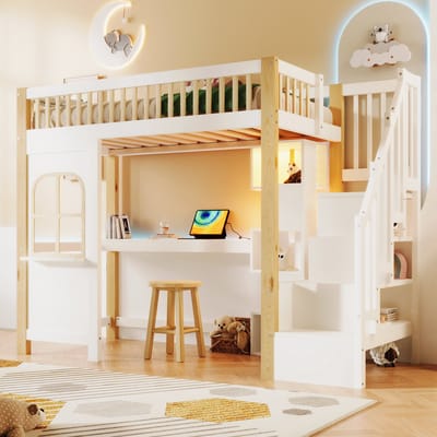 DESMIU Hoogslaper 90x200cm - Hoogslaper Met Ledverlichting En Raamvorm - Schrijfbureau En Opberglade - Voor Jeugdkamer - Grenenhout En MDF - Wit Natuur - Zonder Matras