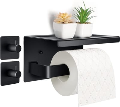 Famanu – Toiletrolhouder met plank voor wandmontage, aluminium uitvoering, 17 cm plateau, zwart