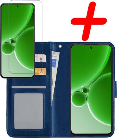 Hoesje Met Screenprotector - Geschikt voor OnePlus Nord 3 - Luxe Pasjeshouder - Bookcase Portemonee - Flip Case - Kunstleer Book Case - Flipcase - Book Cover - Walletcase - Portemonneehoes - Donkerblauw