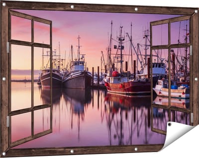 Gards Tuinposter Doorkijk Schepen in de Haven - Boten - 120x80 cm - Tuindoek - Tuindecoratie - Wanddecoratie buiten - Tuinschilderij
