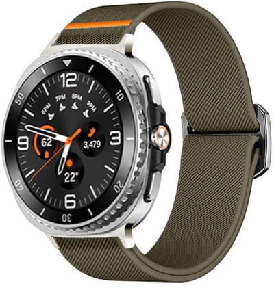 Strap-it Elastisch nylon bandje met klemsluiting geschikt voor Samsung Galaxy Watch 9 (40/44mm) / Watch 8 (40/44mm) / 8 Classic (46mm) - olijfgroen
