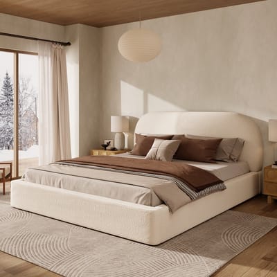 BLACKCOLORS Gestoffeerd bed, tweepersoonsbed, 180 x 200 cm, bed met lattenbodem, gestoffeerd hoofdeinde, beige bouclé