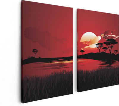 Artaza Canvas Schilderij Tweeluik Rode Zonsondergang In De Savanne - Abstract - 80x60 - Foto Op Canvas - Canvas Print